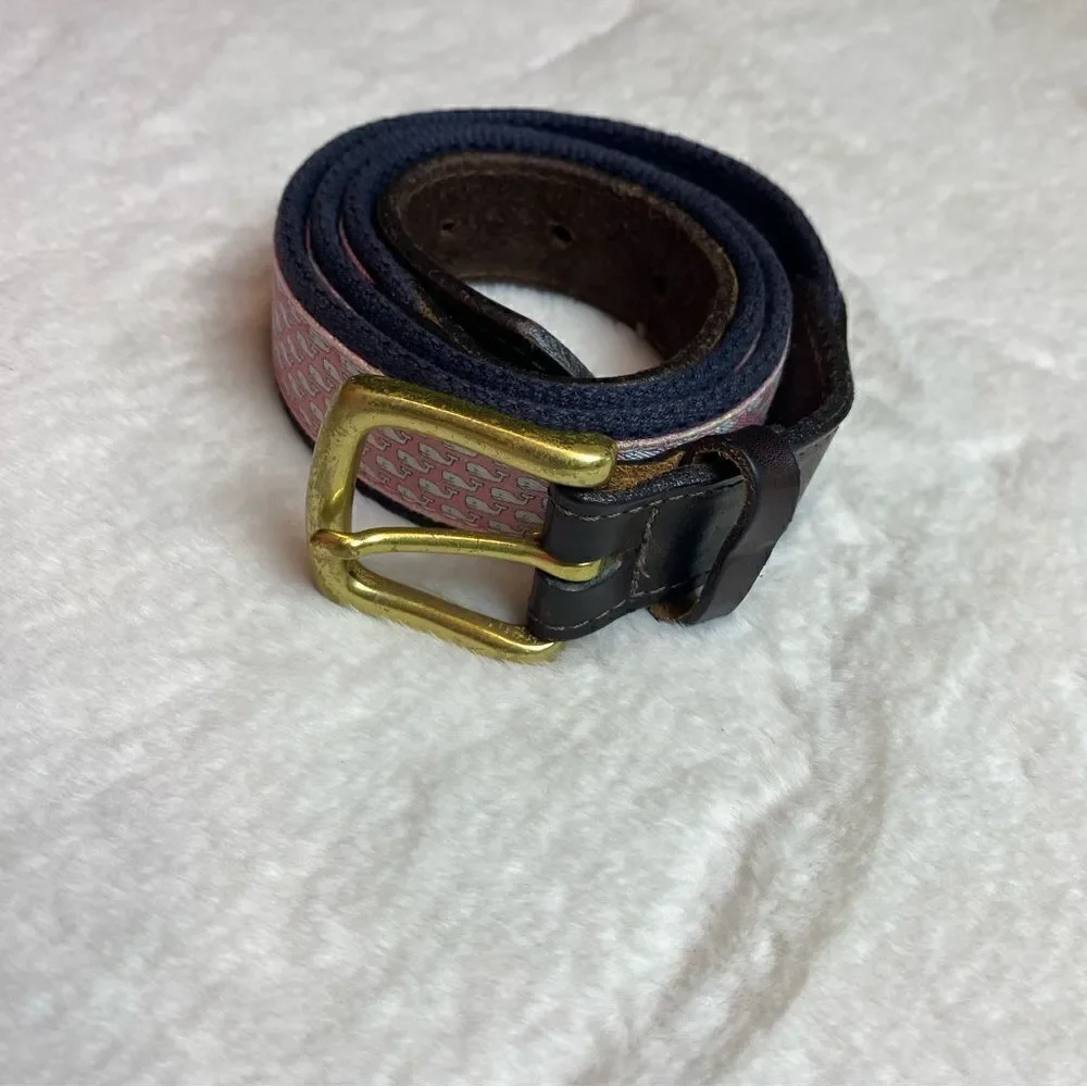 Vineyard Vines Pink Whale Fabric/Blue Woven Belt W/Brown Leather